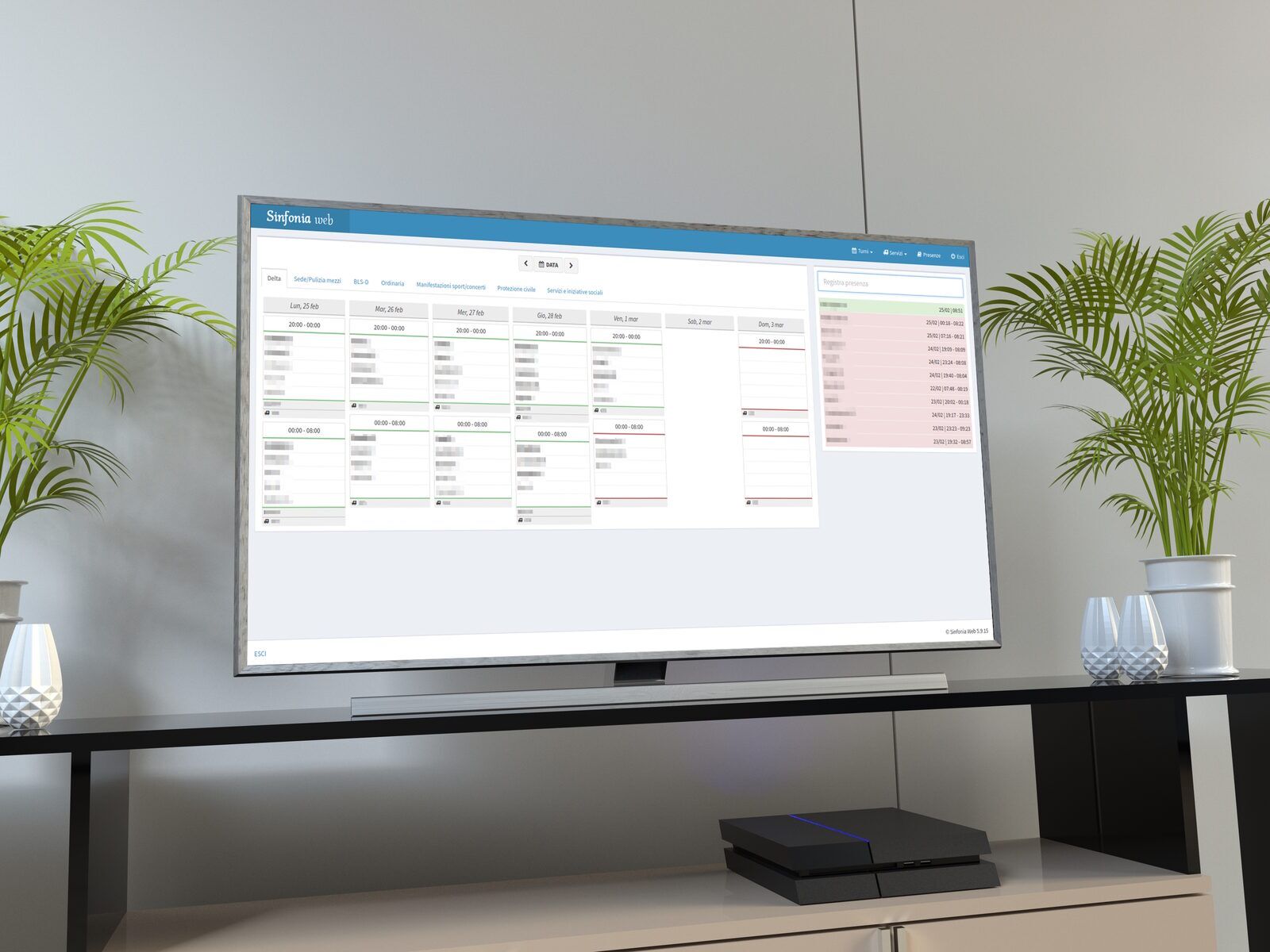 Monitor in sede che mostra turni e presenze di Sinfonia Web